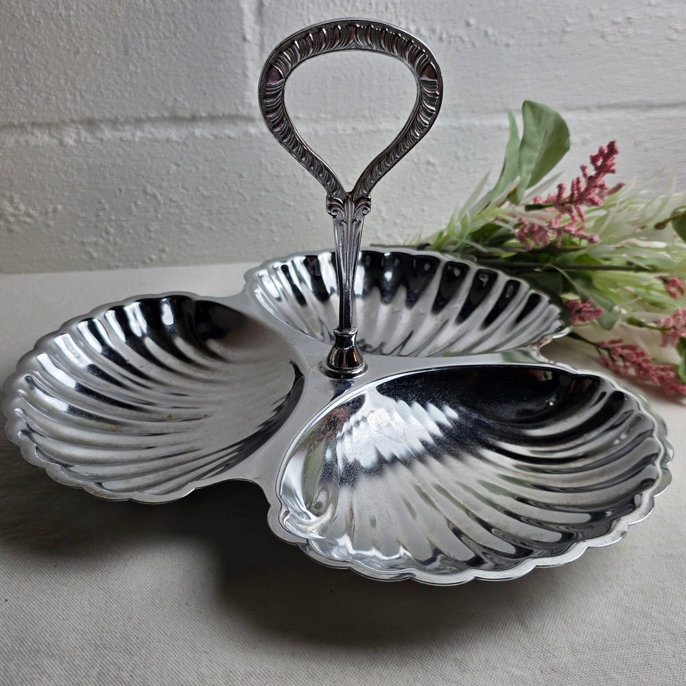 Vintage Irvinware Chrome 3 Section Shell Server Tidbit Tray Made in USA